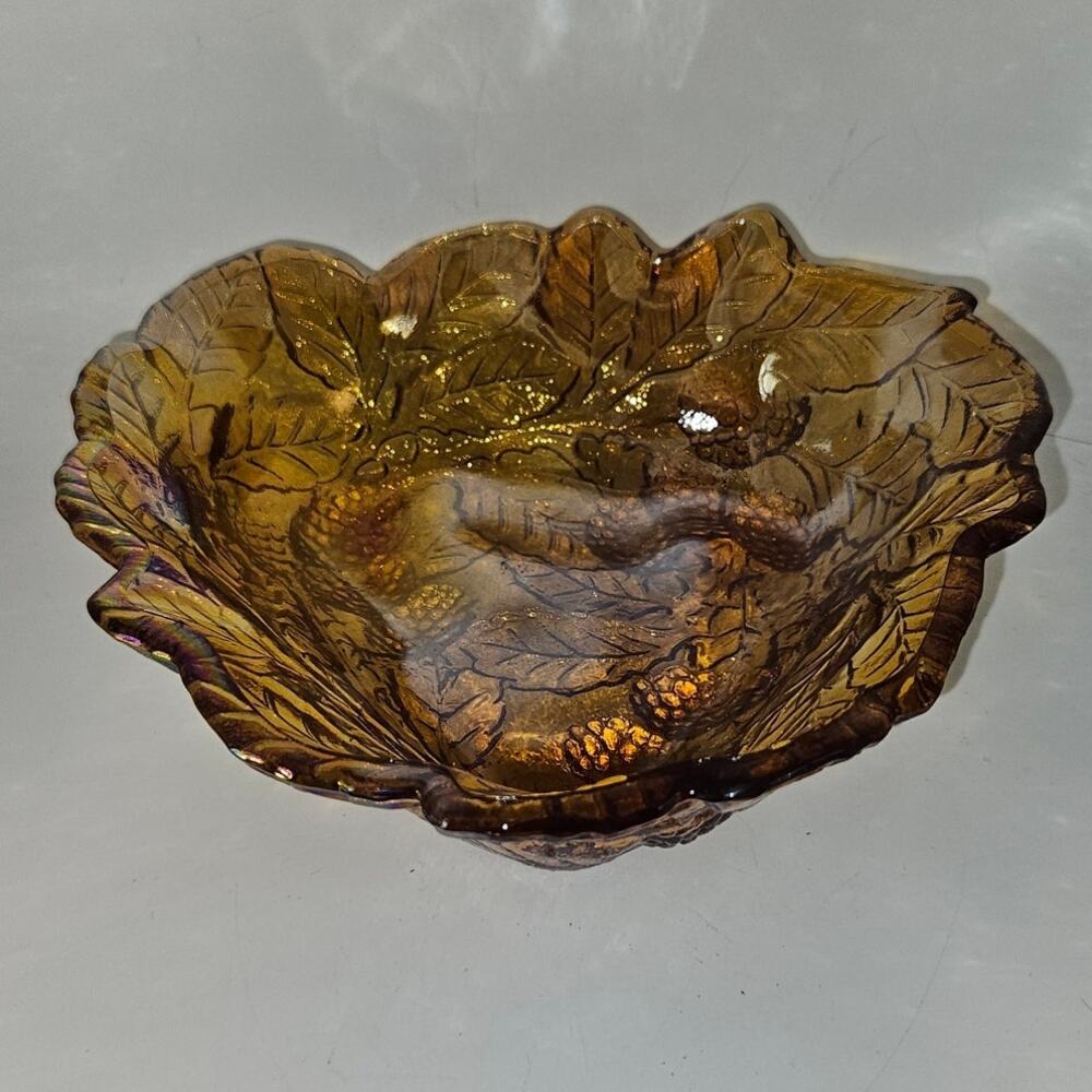 Vintage Amber Pressed Glass Leaf Pattern Decorative Bowl Scalloped Rim